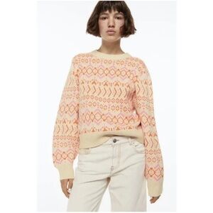 Divided Cream and Pink Crew Neck Sweater with Nordic Pattern